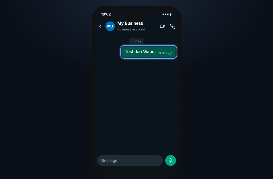 WhatsApp chat on a phone with Test dari Wabot sent to My Business
