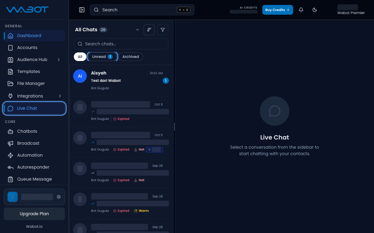 Live Chat with Unread highlighted and the new test chat at the top
