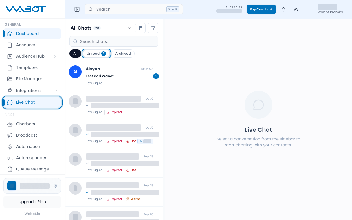 Live Chat with Unread highlighted and the new test chat at the top
