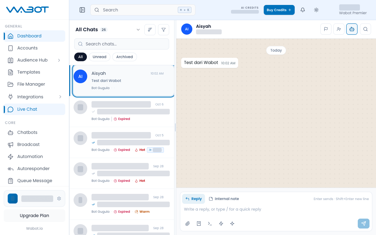 Live Chat thread open with the incoming Test dari Wabot message