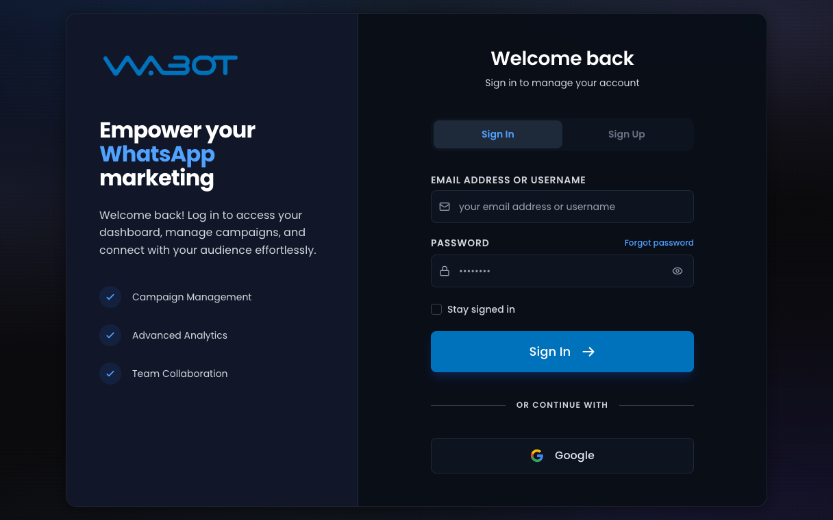 Halaman log masuk Wabot dengan tab Sign In dan Sign Up