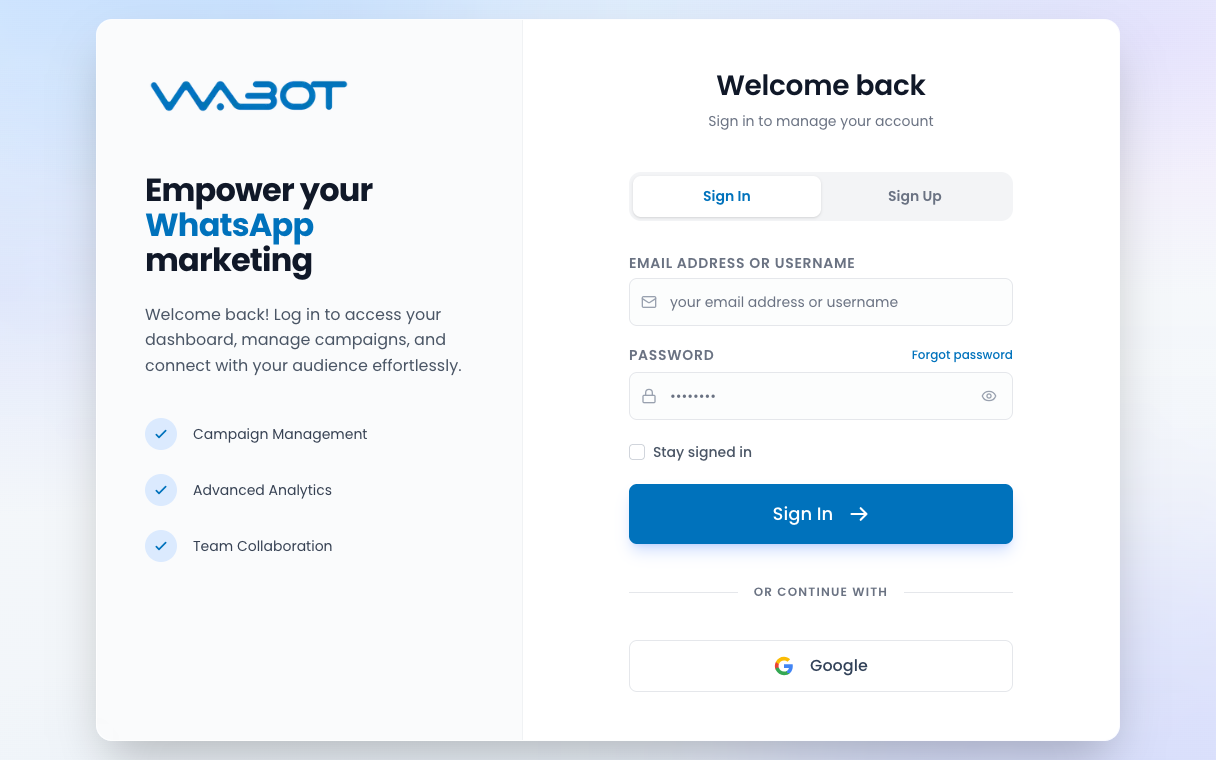 Halaman log masuk Wabot dengan tab Sign In dan Sign Up