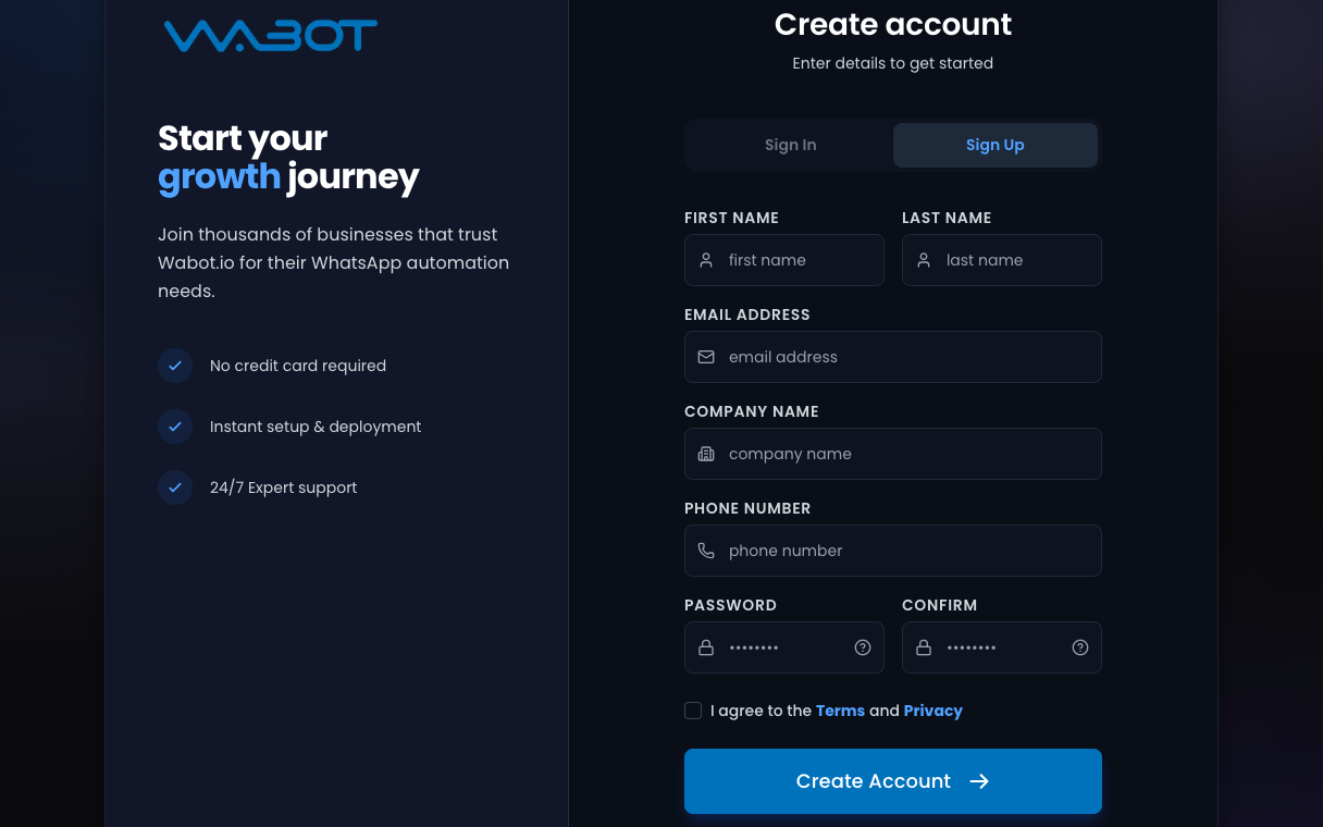 Borang Sign Up Wabot dengan medan nama, emel, syarikat, telefon dan kata laluan