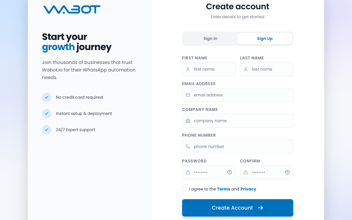 Borang Sign Up Wabot dengan medan nama, emel, syarikat, telefon dan kata laluan