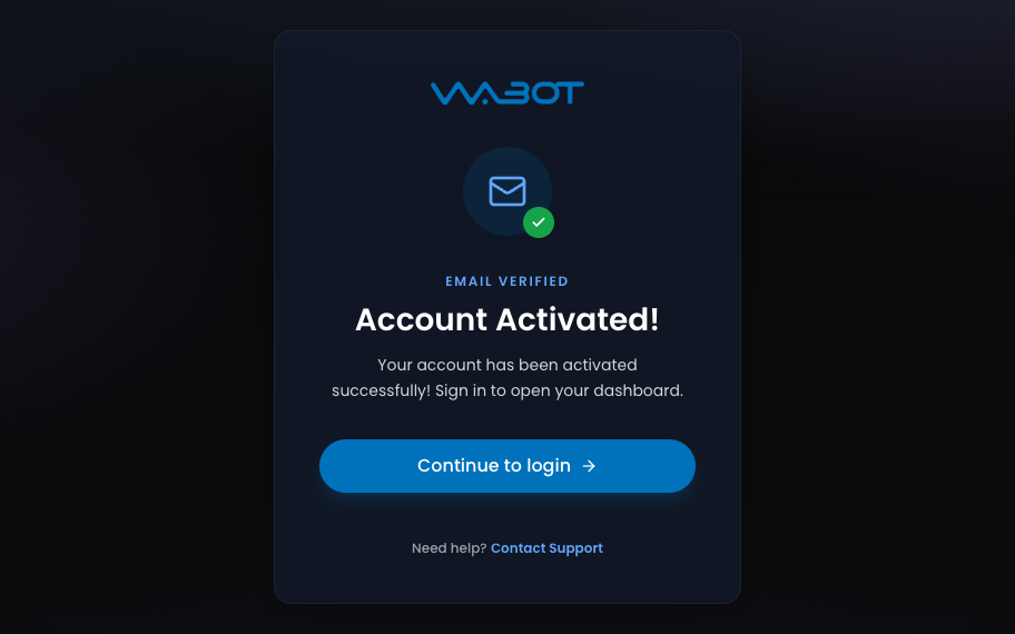 Skrin Account Activated Wabot dengan butang Continue to login