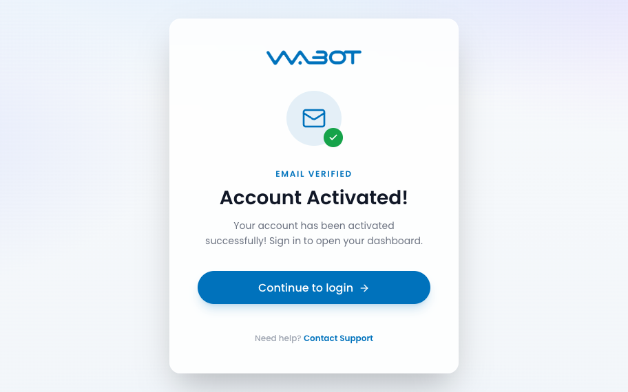 Skrin Account Activated Wabot dengan butang Continue to login
